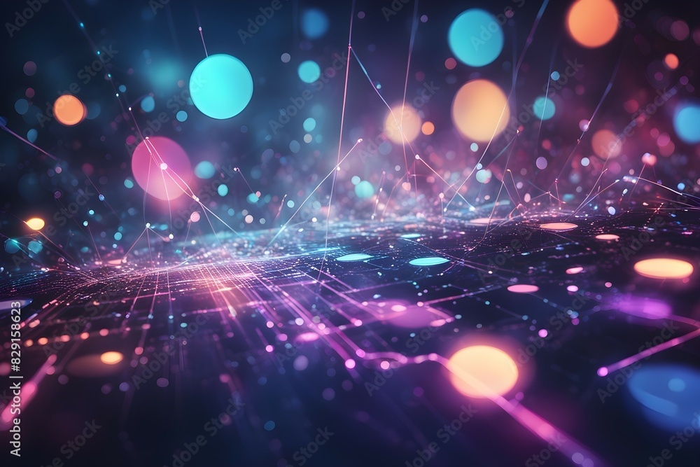 Poster a colorful, abstract image of a cityscape with many dots and lines