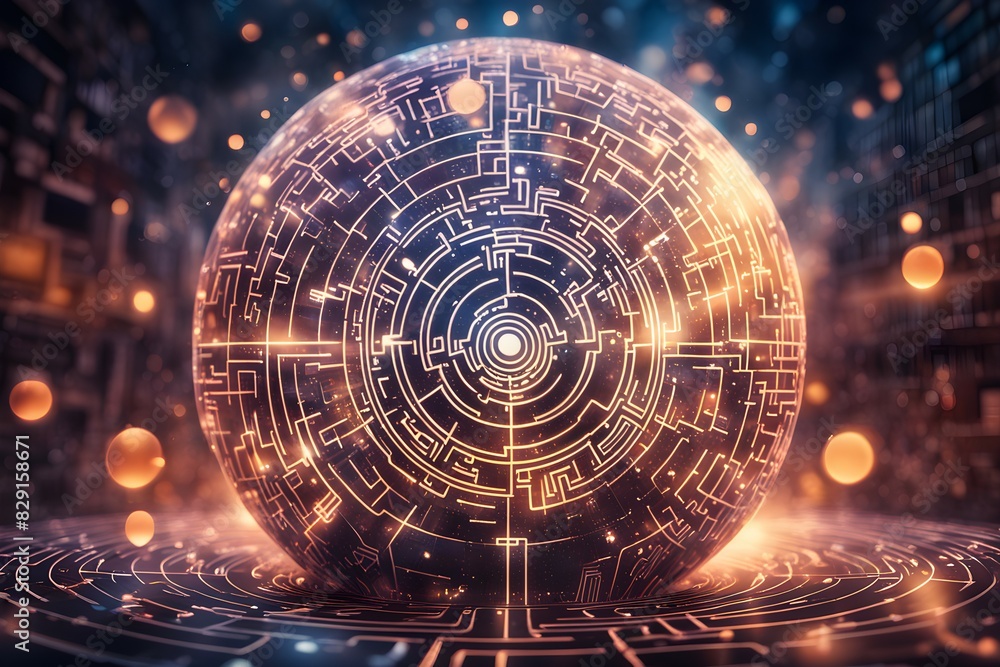 Poster A glowing sphere with a lot of lines and dots on it