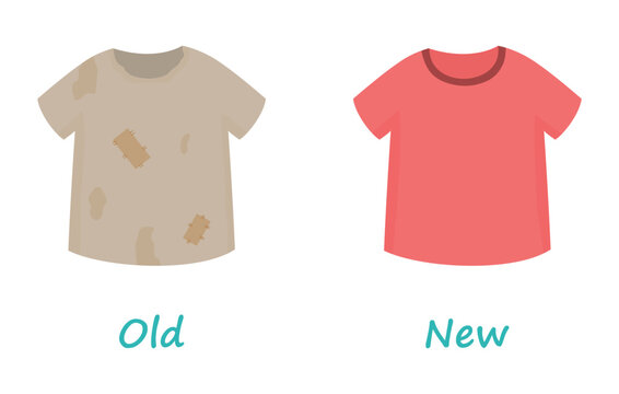Opposite adjective antonym words old and new illustration of t-shirt explanation flashcard with text label