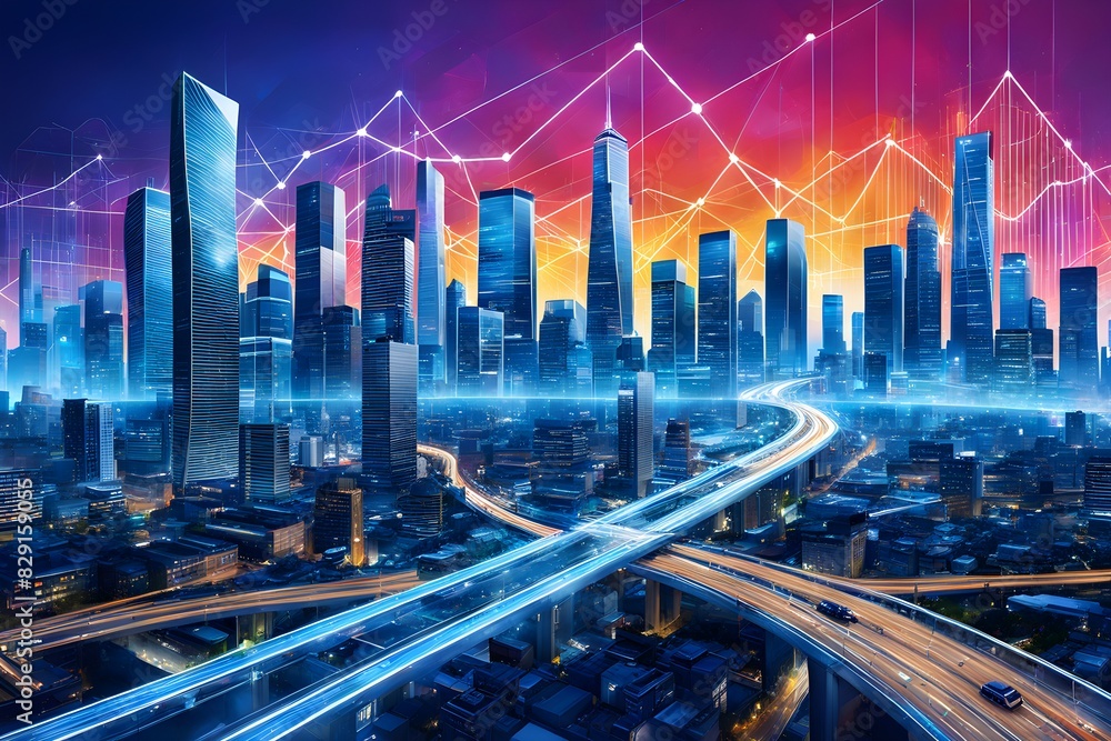 Poster a cityscape with a bridge and a highway in the background