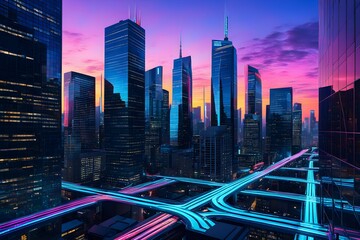A city skyline at night with neon lights