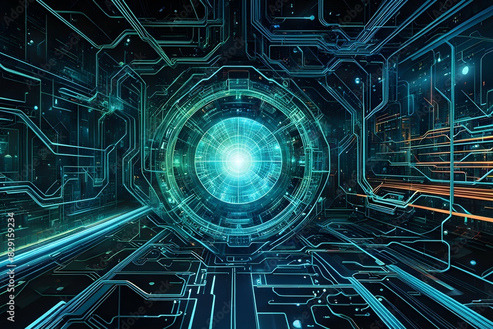Poster a computer generated image of a room with a large green circle in the center