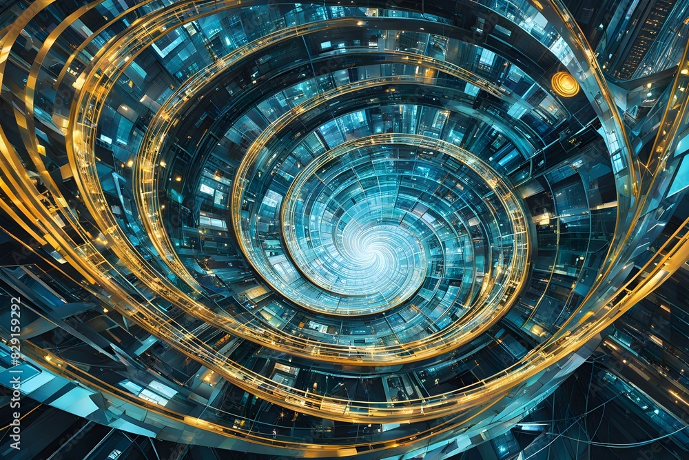 Poster a spiral shaped building with many windows and a yellow and blue color scheme