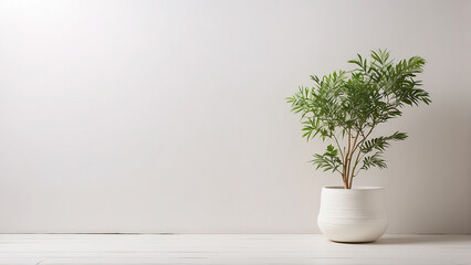 Fototapeta premium A white plant in a white pot sits on a wooden table