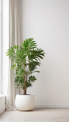 A large plant is sitting in a white pot on a wooden floor