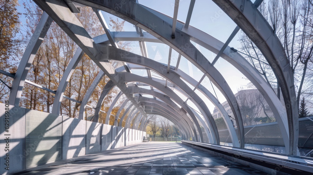 Aufkleber light steel structure with abstract backdrop of modern glass and steel architecture. background with