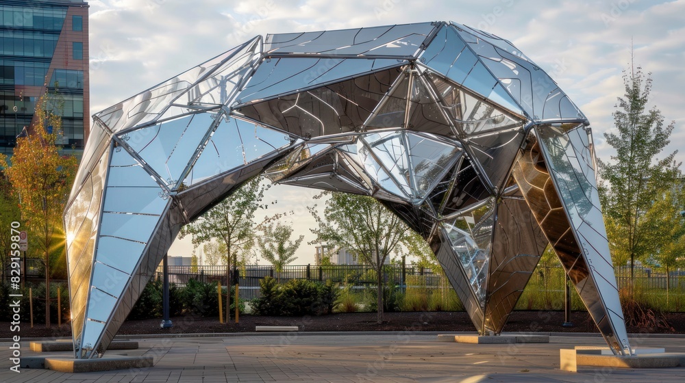 Aufkleber light steel structure with abstract backdrop of modern glass and steel architecture. background with