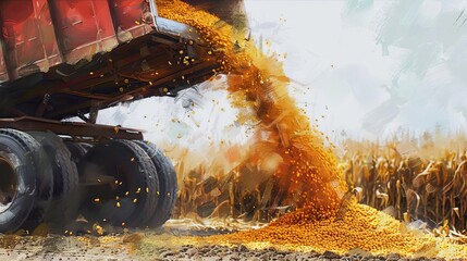 bountiful harvest pouring golden corn grains into tractor trailer digital painting