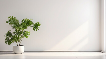 A white wall with a potted plant in the center