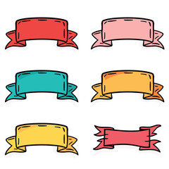 Obraz premium Six handdrawn banners different colors. Varied ribbon banners colorful messages text. Cartoon style festive ribbons celebration isolated white background