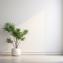 A white potted plant sits on a wooden floor in a room with white walls