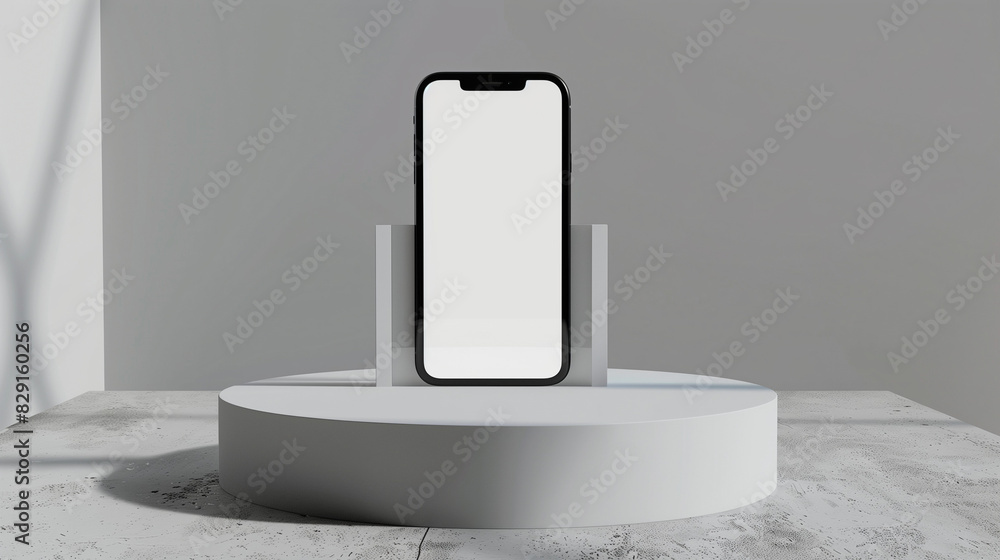 Poster mobile phone with a blank screen on podium. mockup template of modern smartphone. 3d rendering