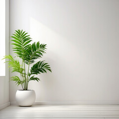A white wall with a potted plant in the corner