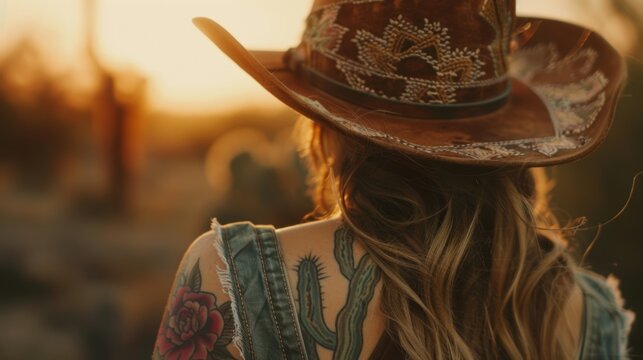 A woman sporting a cowboy hat reveals a sleeve tattoo of a desert sunset complete with cacti and a silhouette of a cowboy riding into the horizon. - Powered by Adobe