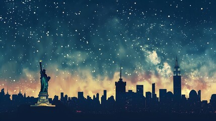 Obraz premium Glittering Skyline of New York City: Behold the dazzling lights of New York City's skyline, where iconic landmarks like the Statue of Liberty and the Empire State Building illuminate the night.