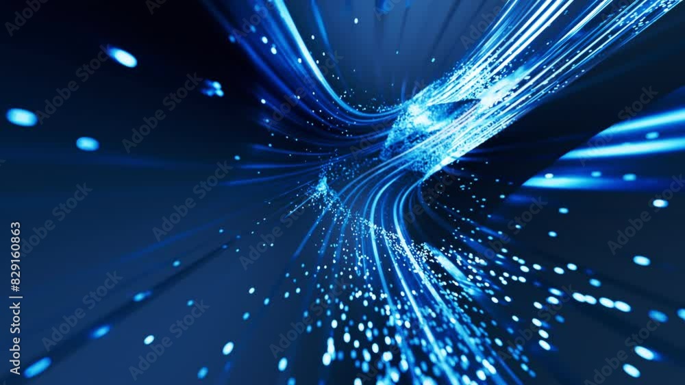 Poster triangle technology grid tunnel and flowing particles, 3d rendering.