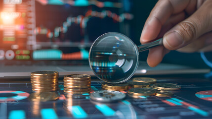 Analyzing Economic Growth: Hand Holding Magnifying Glass over Coins and Financial Charts with Economic Indicators in Background