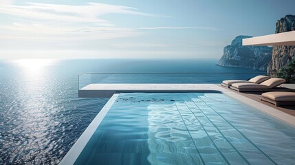 Obraz premium Stunning Infinity Pool Overlooking the Sea, with Sunbeds and Terrace, Hyper Realistic High Resolution Photography with Cinematic Color Grading