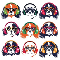 Collection colorful spaniel dogs wearing headphones glasses, dog has unique combination colors style headphones, expressing different personalities