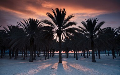 A row of palm trees on the beach with a sunset sky in the background. 