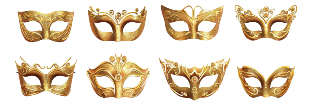 gold masquerade masks isolated on white background, png.