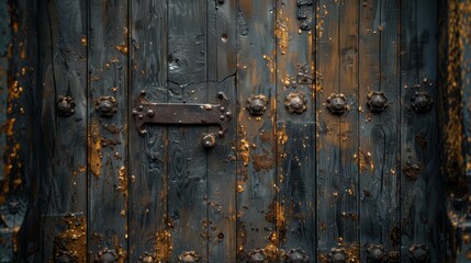 An ancient, weathered, rustic wooden door with chipping paint and metallic elements, showcasing historical and architectural craftsmanship with texture and patina