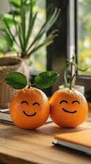 Two couple orange with smiley faces on a desk. International Friendship Day Concept.