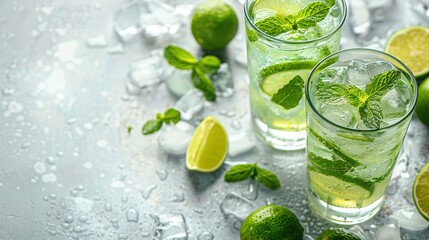Mojito or virgin mojito long rum drink with fresh mint, lime juice, cane sugar and soda
