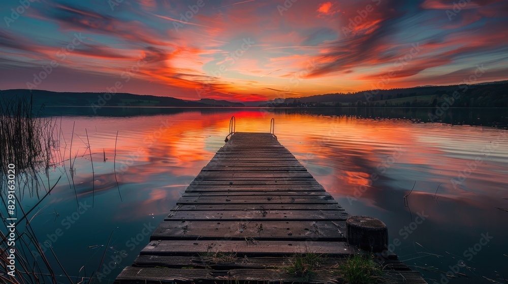 Poster The stunning and peaceful sunset scenery over the lake