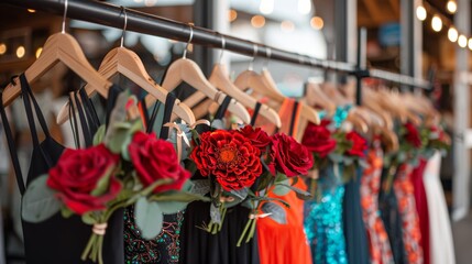 A vibrant display of formal and casual dresses on wooden hangers, adorned with red flowers, highlighting a lively fashion apparel retail store ambiance