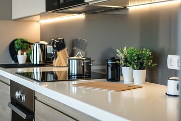 Fototapeta premium A modern kitchen with white cabinets and stainless steel appliances. There is a breakfast bar with two stools. The kitchen is well-lit and has a large window.