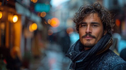 Obraz premium A young man with a contemplative expression stands on a bustling street in a city, surrounded by warm street lights and bokeh effects during winter