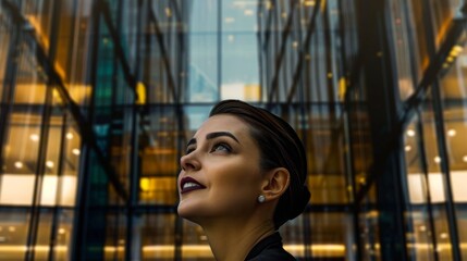 Fototapeta premium A professional woman stands confidently in front of a modern glass building, embodying urban sophistication and determination