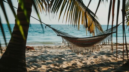 Fototapeta premium Relaxing hammock under the palm trees by the ocean.