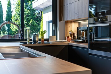 A renovated kitchen interior with sink, window, and modern appliances