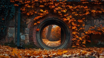 Circular doorway in an ancient brick wall surrounded by vibrant fall foliage, showcasing a peaceful path laden with fallen autumn leaves on a crisp afternoon