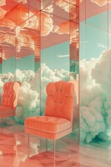 A room with a chair and a mirror and smoke or cloud