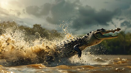 Action shot of a crocodile emerging from water with mouth open, showcasing power and intensity. Background of cloudy skies and water splashes.