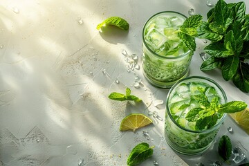 Mojito or virgin mojito long rum drink with fresh mint, lime juice, cane sugar and soda