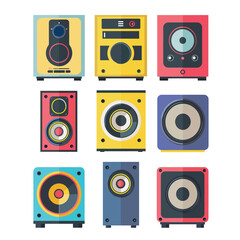 Flat design colorful vector illustration various speaker types isolated white background. Collection features different styles, sizes, colors speakers sound systems. Modern graphics showcasing audio