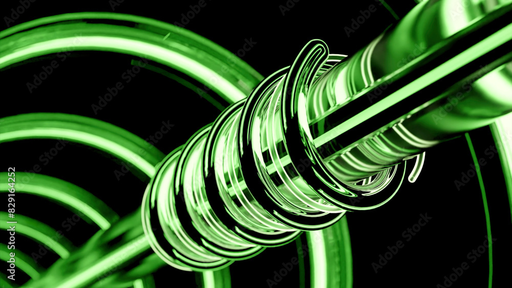 Poster neon lines rotate around pipe. design. animation of mechanical rod with rotating neon lines. neon li