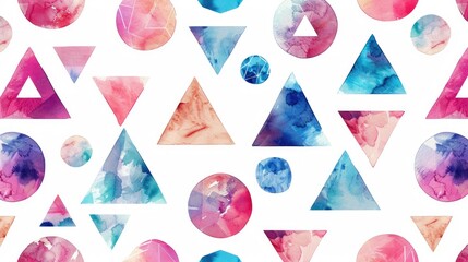 Abstract Watercolor Geometric Shapes Seamless Pattern on White Background
