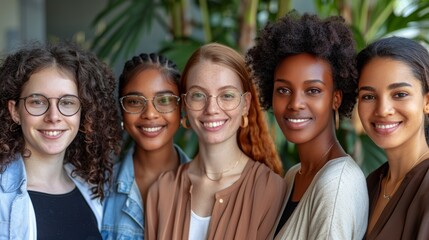 A diverse group of five smiling women, each with unique hairstyles and glasses, stands together in...