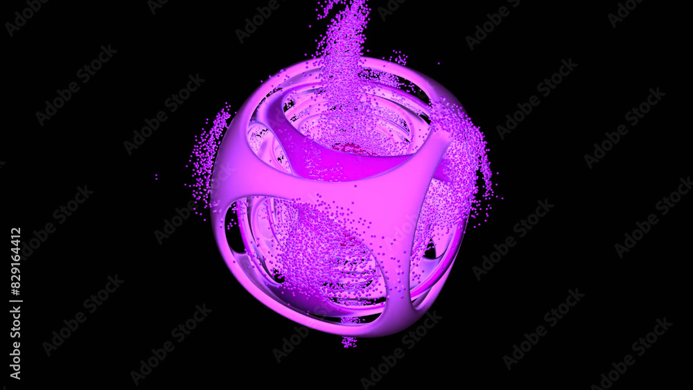 Poster abstract cube with flying particles inside. design. complex structure on a black background.