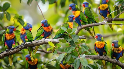 Colorful parrots sitting on tree branches with green leaves, showcasing vibrant plumage in a lively natural setting. - Powered by Adobe
