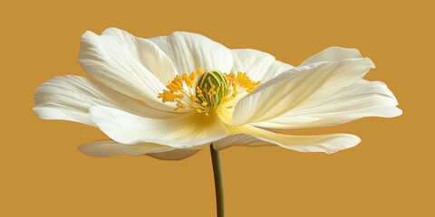 An elegant and delicate white flower in full bloom, set against a warm mustard-yellow background, showcasing its intricate details and vibrant contrasts