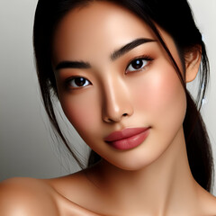 Closeup Portrait of a Cute Beautiful Young Smiling Asian Woman Girl Lady with Brunette Hair & Fresh Clean Skin Against a Plain Background Looking at Camera. Face Care Facial Treatment Spa, Cosmetology