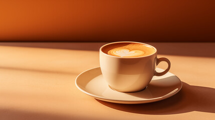 Sunny Cappuccino with Heart Foam Art on Orange Background