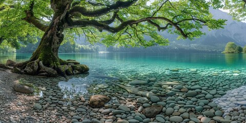 A serene lakeside landscape with crystal-clear turquoise water, a large tree with extensive roots, and a picturesque view of distant mountains under a bright blue sky - Powered by Adobe