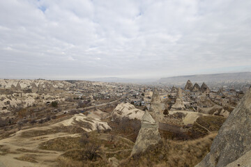 landscape overlooking the rocks of the ancient city Cappadocia in Türkiye.